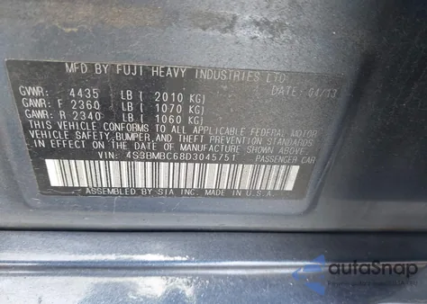 2013 Subaru Legacy 2.5I Premium из США, поврежденный, VIN 4S3BMBC68D3045751